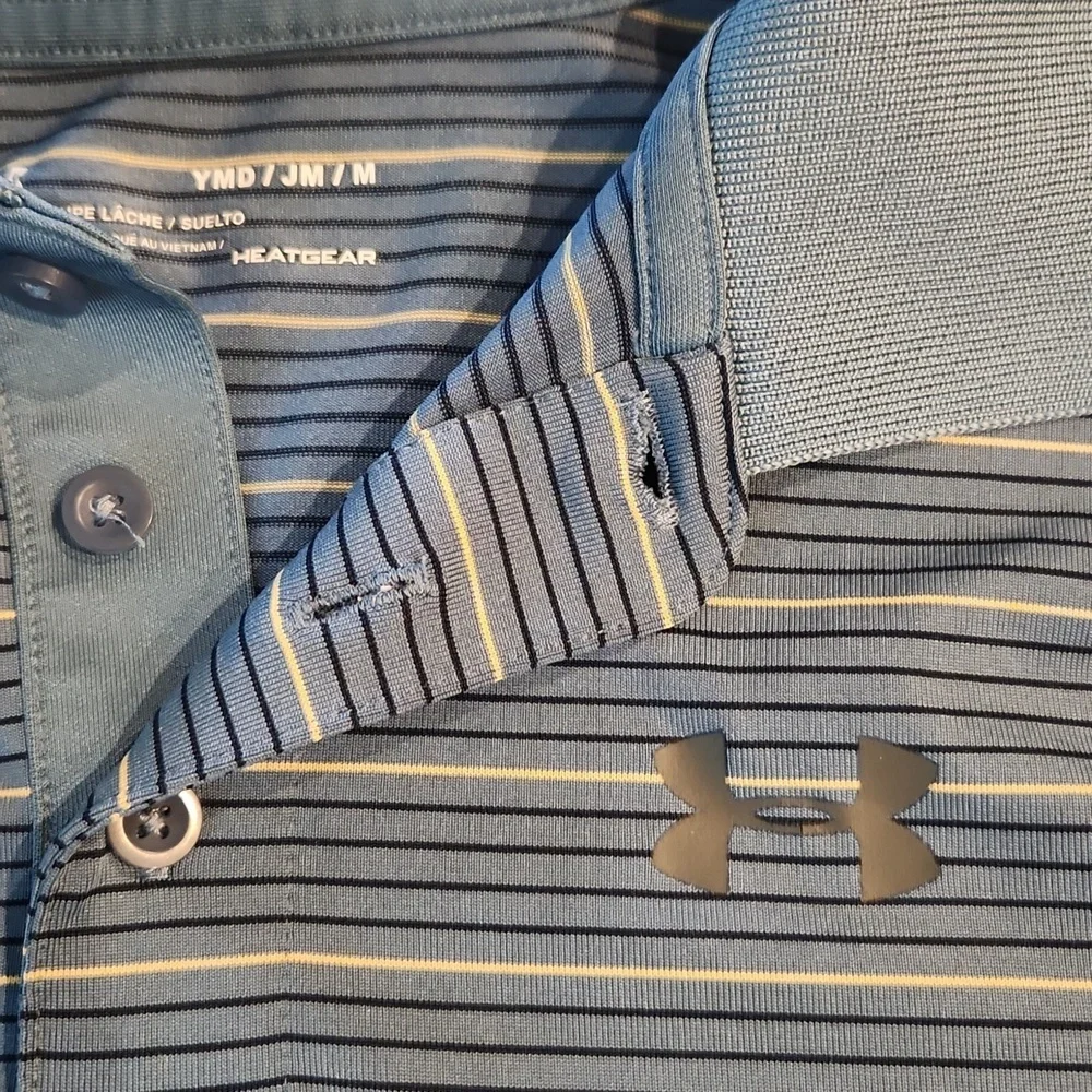 Under Armour Kids Blue Striped Polo Shirt. Performance/Heatgear. Size M - Picture 2 of 4
